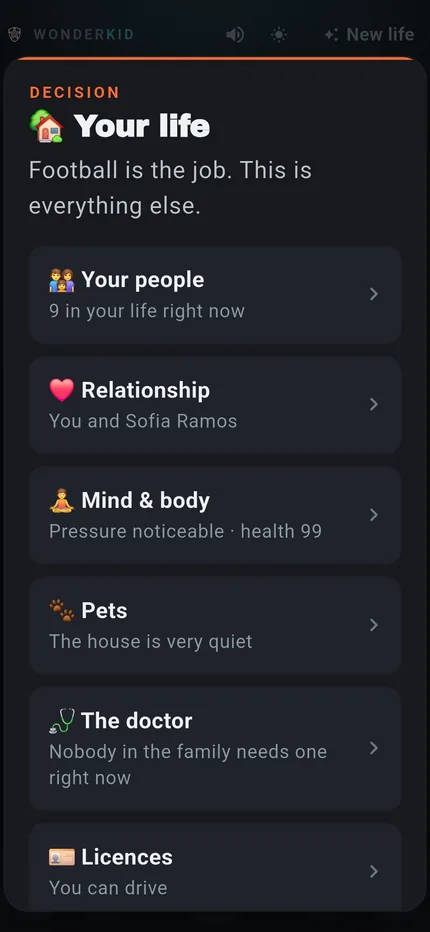 Wonderkid's Your life menu, listing the people in your life, your relationship, mind and body, pets, the doctor and your licences.